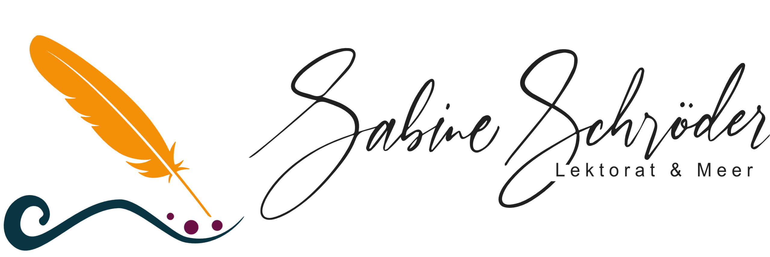 An image of a logo featuring a stylized orange feather quill with magenta dots on a curved teal line, next to elegant cursive text that reads "Sabine Schröder" and printed text below that reads "Lektorat & Meer - Professionelles Lektorat und Text Korrektur.