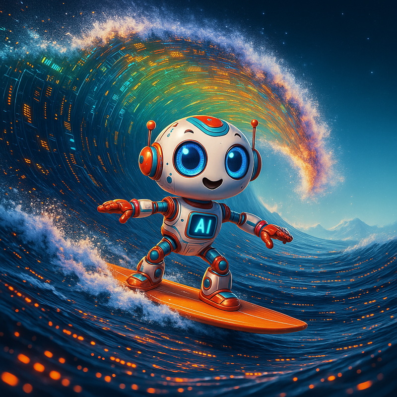 Ein niedlicher, lächelnder Roboter mit blauen Augen und Antennen surft auf einem orangefarbenen Surfbrett auf einer leuchtenden digitalen Welle. Die Welle besteht aus leuchtenden Schaltkreisen und Daten, im Hintergrund ein sternenklarer Nachthimmel.