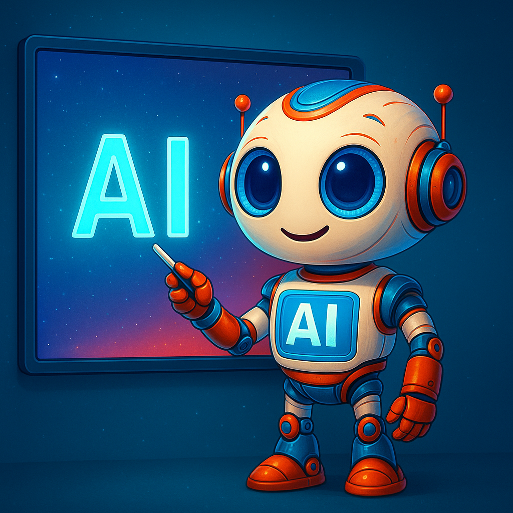 Ein niedlicher Roboter mit großen blauen Augen und orangefarbenen Kopfhörern zeigt auf einen leuchtenden Bildschirm mit der Aufschrift „KI fürs Lektorat“ in einem futuristischen, farbenfrohen Raum.